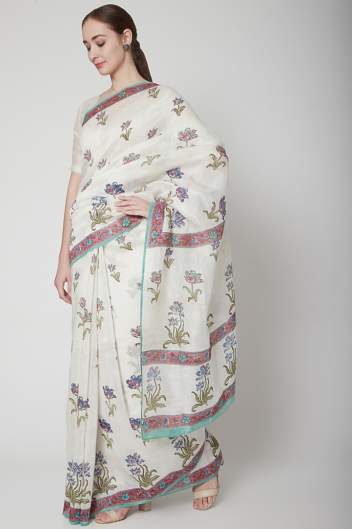 White & Sea Green Silk Linen Floral Hand Block Printed Festive Saree by NAINA ARUNIMA at Pernia's Pop Up Shop