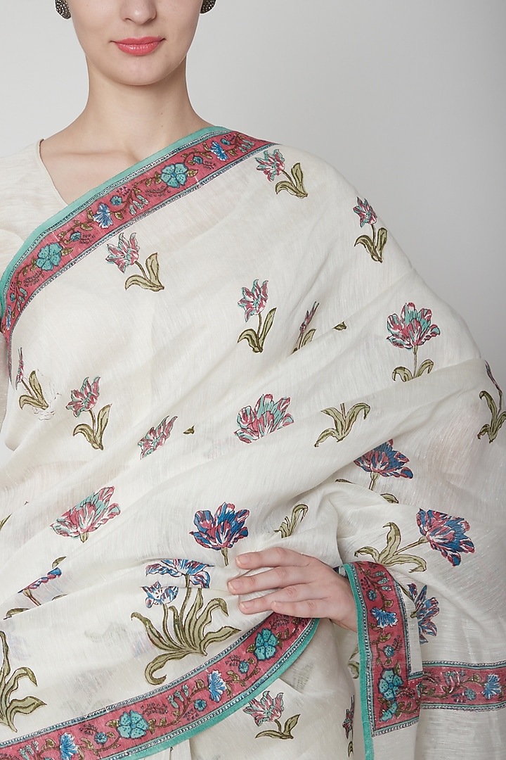 White & Sea Green Silk Linen Floral Hand Block Printed Festive Saree by NAINA ARUNIMA at Pernia's Pop Up Shop