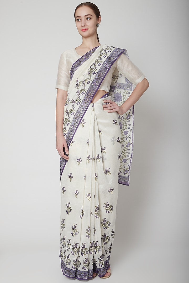 White & Purple Silk Linen Floral Hand Block Printed Saree by NAINA ARUNIMA