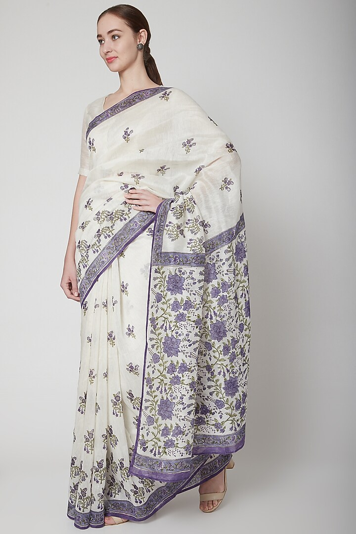 White & Purple Silk Linen Floral Hand Block Printed Festive Saree by NAINA ARUNIMA at Pernia's Pop Up Shop