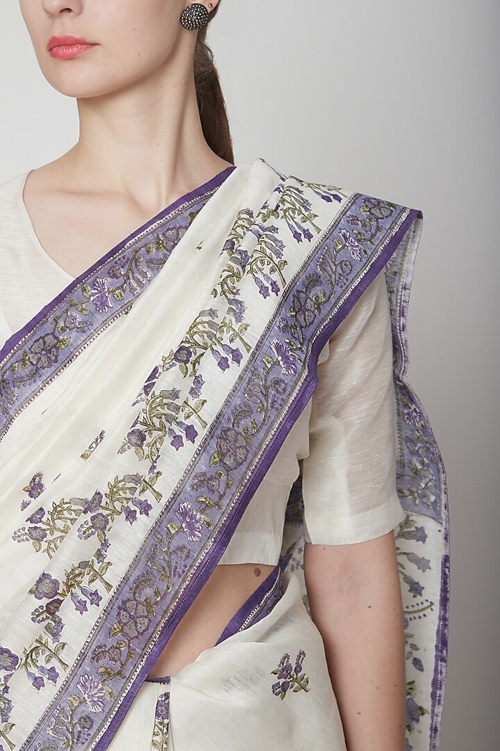 White & Purple Silk Linen Floral Hand Block Printed Festive Saree by NAINA ARUNIMA at Pernia's Pop Up Shop