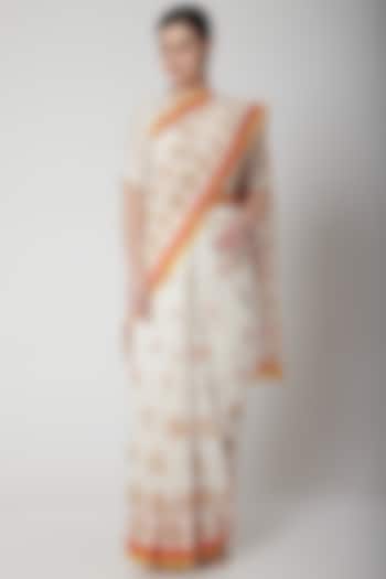 White & Orange Floral Printed Saree by NAINA ARUNIMA
