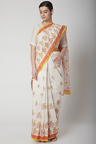 White & Orange Silk Linen Floral Hand Block Printed Saree by NAINA ARUNIMA