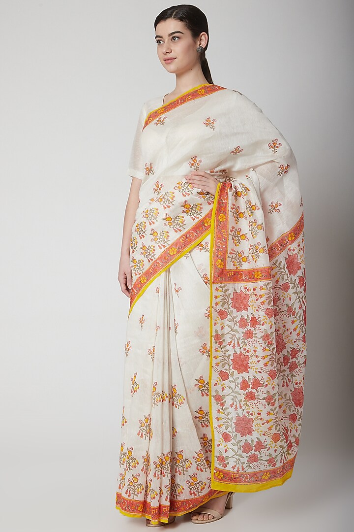 White & Orange Silk Linen Floral Hand Block Printed Festive Saree by NAINA ARUNIMA at Pernia's Pop Up Shop