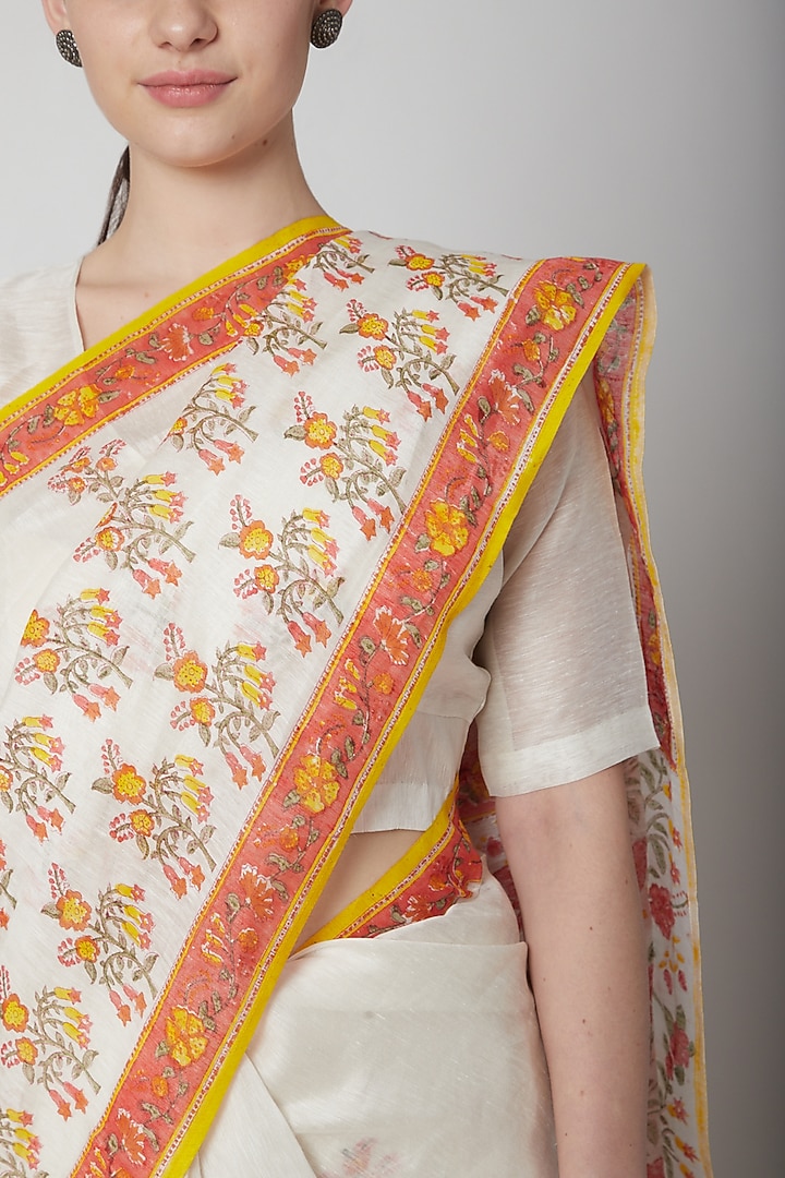 White & Orange Silk Linen Floral Hand Block Printed Festive Saree by NAINA ARUNIMA at Pernia's Pop Up Shop