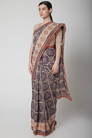Ecru & Purple Silk Linen Hand Block Printed Saree by NAINA ARUNIMA