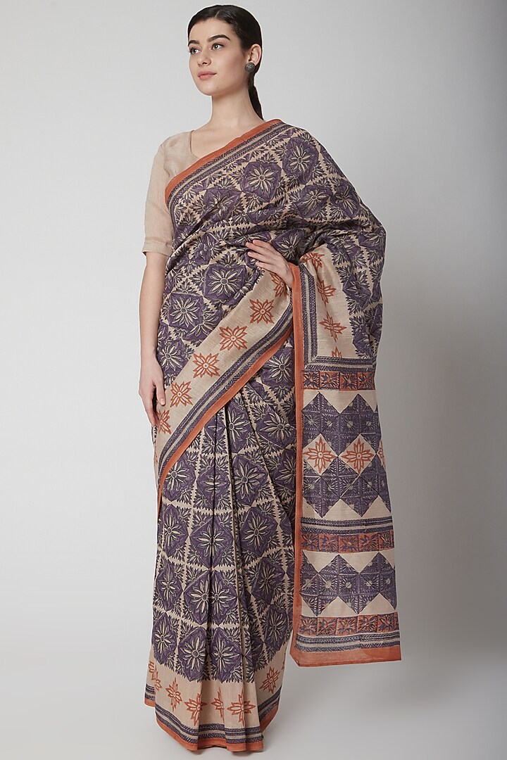Ecru & Purple Silk Linen Hand Block Printed Festive Saree by NAINA ARUNIMA at Pernia's Pop Up Shop