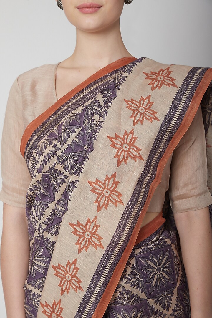 Ecru & Purple Silk Linen Hand Block Printed Festive Saree by NAINA ARUNIMA at Pernia's Pop Up Shop