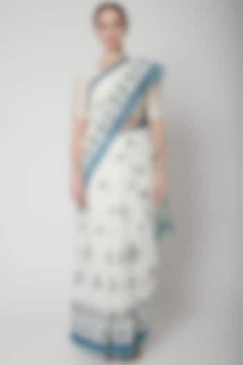 White & Blue Silk Linen Floral Hand Block Printed Saree by NAINA ARUNIMA