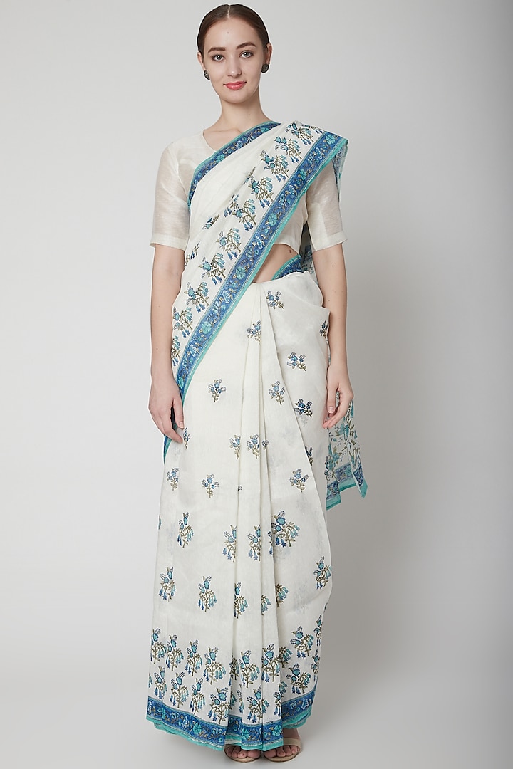 White & Blue Silk Linen Floral Hand Block Printed Saree by NAINA ARUNIMA at Pernia's Pop Up Shop