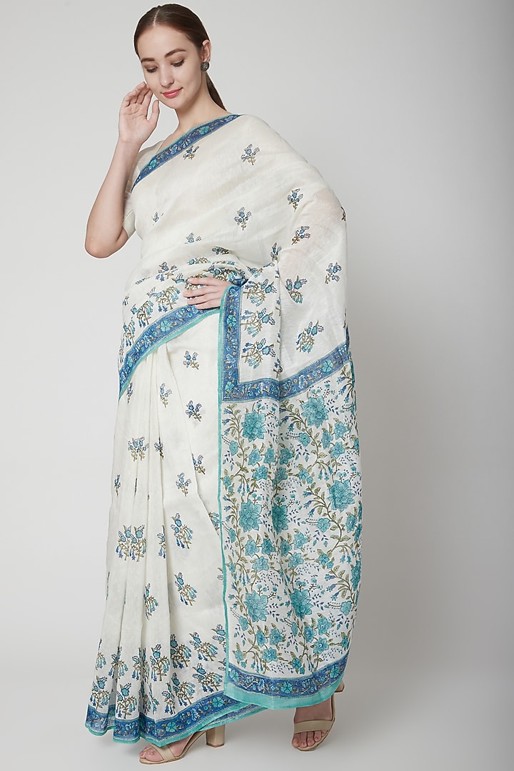 White & Blue Silk Linen Floral Hand Block Printed Festive Saree by NAINA ARUNIMA at Pernia's Pop Up Shop