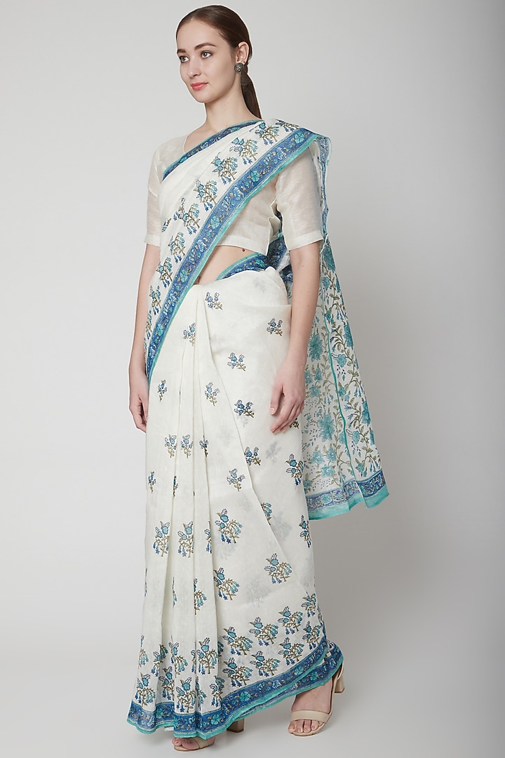 White & Blue Silk Linen Floral Hand Block Printed Festive Saree by NAINA ARUNIMA at Pernia's Pop Up Shop