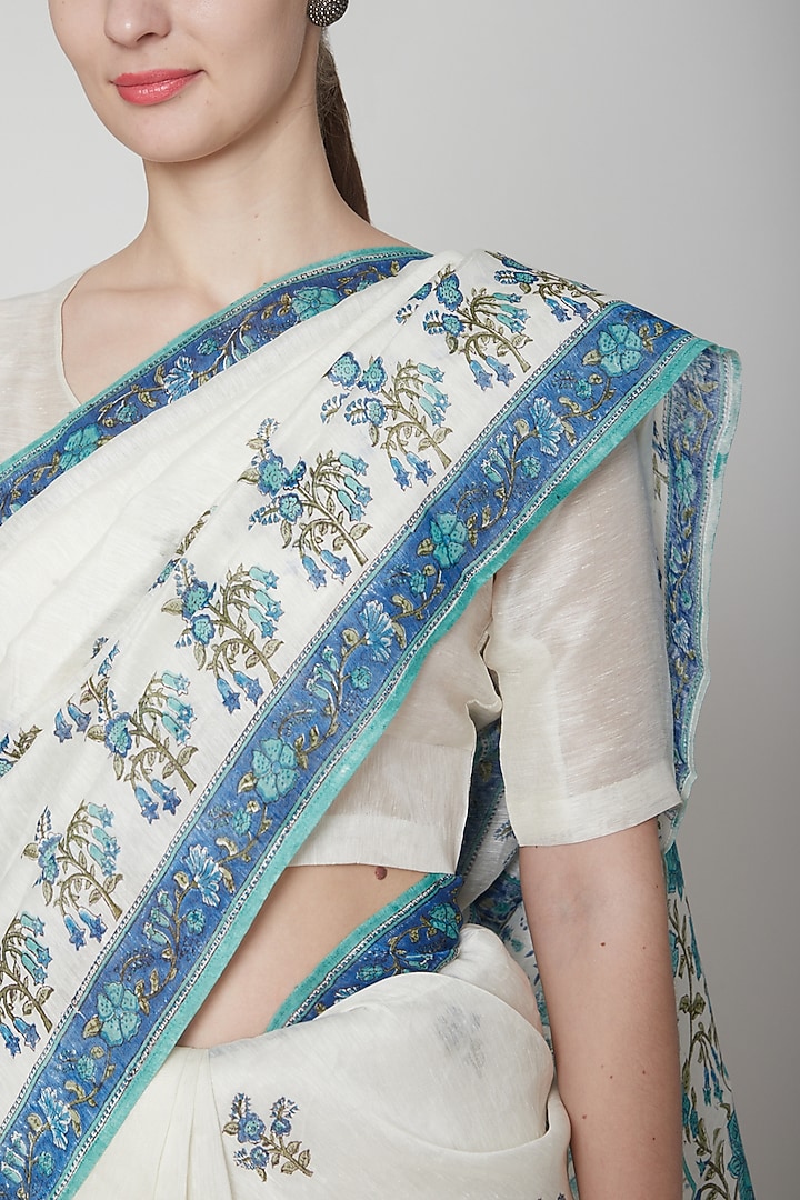 White & Blue Silk Linen Floral Hand Block Printed Festive Saree by NAINA ARUNIMA at Pernia's Pop Up Shop