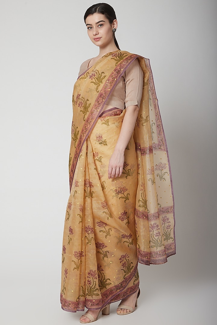 Beige Gold & Magenta Silk Linen Floral Hand Block Printed Saree by NAINA ARUNIMA