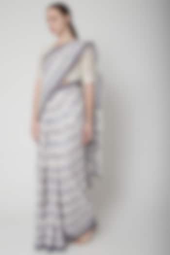White & Lavender Silk Linen Hand Block Printed Saree by NAINA ARUNIMA