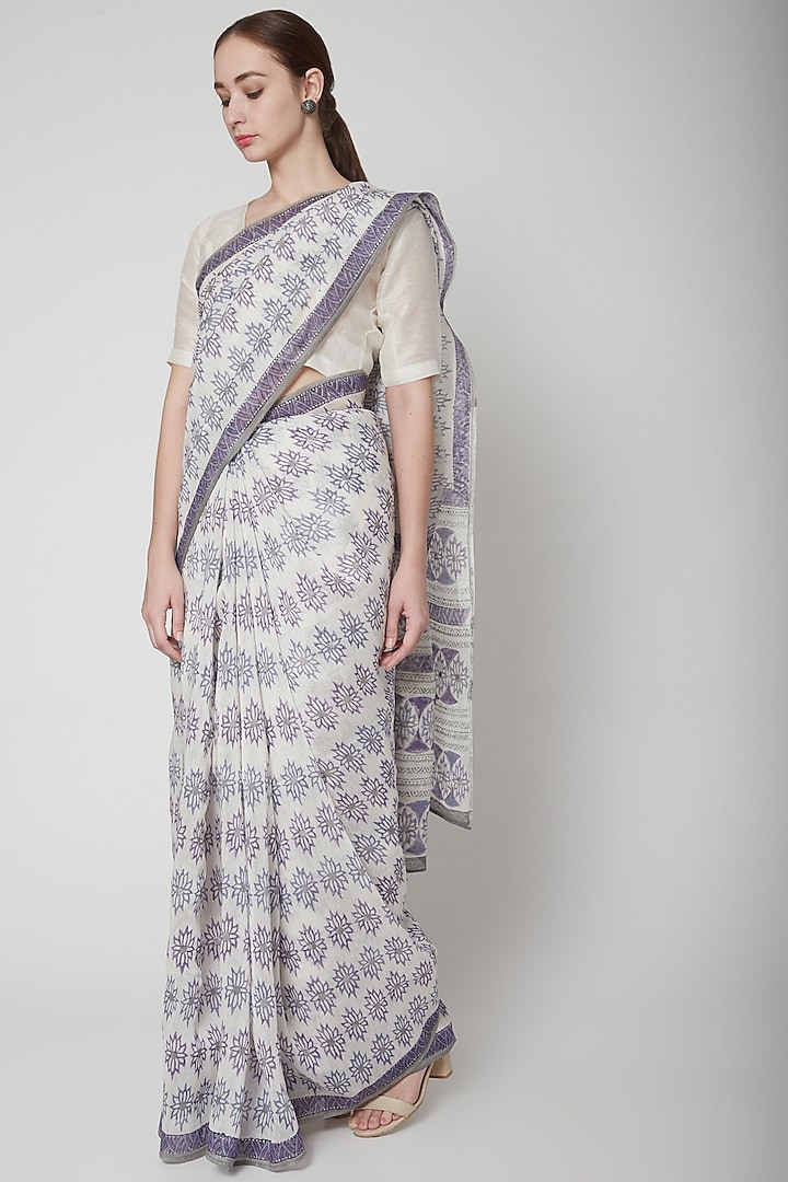 White & Lavender Silk Linen Hand Block Printed Saree by NAINA ARUNIMA at Pernia's Pop Up Shop