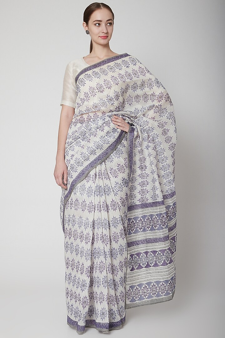 White & Lavender Silk Linen Hand Block Printed Festive Saree by NAINA ARUNIMA at Pernia's Pop Up Shop