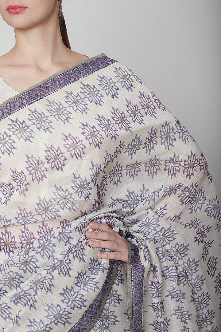 White & Lavender Silk Linen Hand Block Printed Festive Saree by NAINA ARUNIMA at Pernia's Pop Up Shop