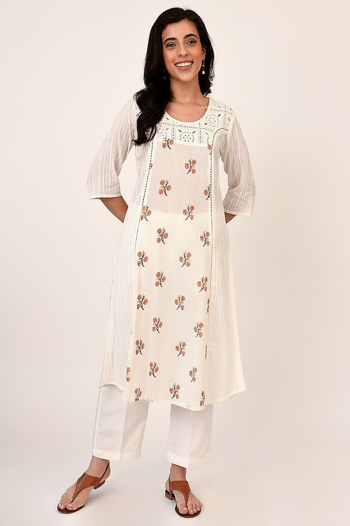 White Cotton Embellished Kurta by Naina Arunima