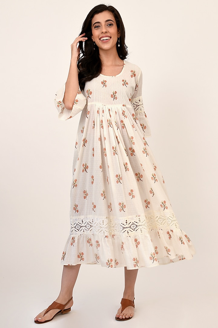 White Cotton Hand Block Midi Dress by Naina Arunima