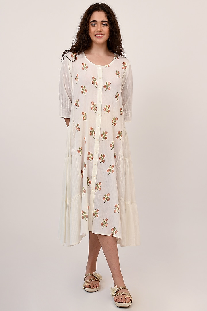 Ivory Cotton Crinkled Midi Dress by Naina Arunima