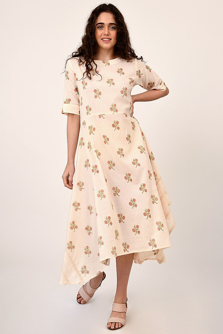 Peach Cotton Asymmetrical Dress by Naina Arunima