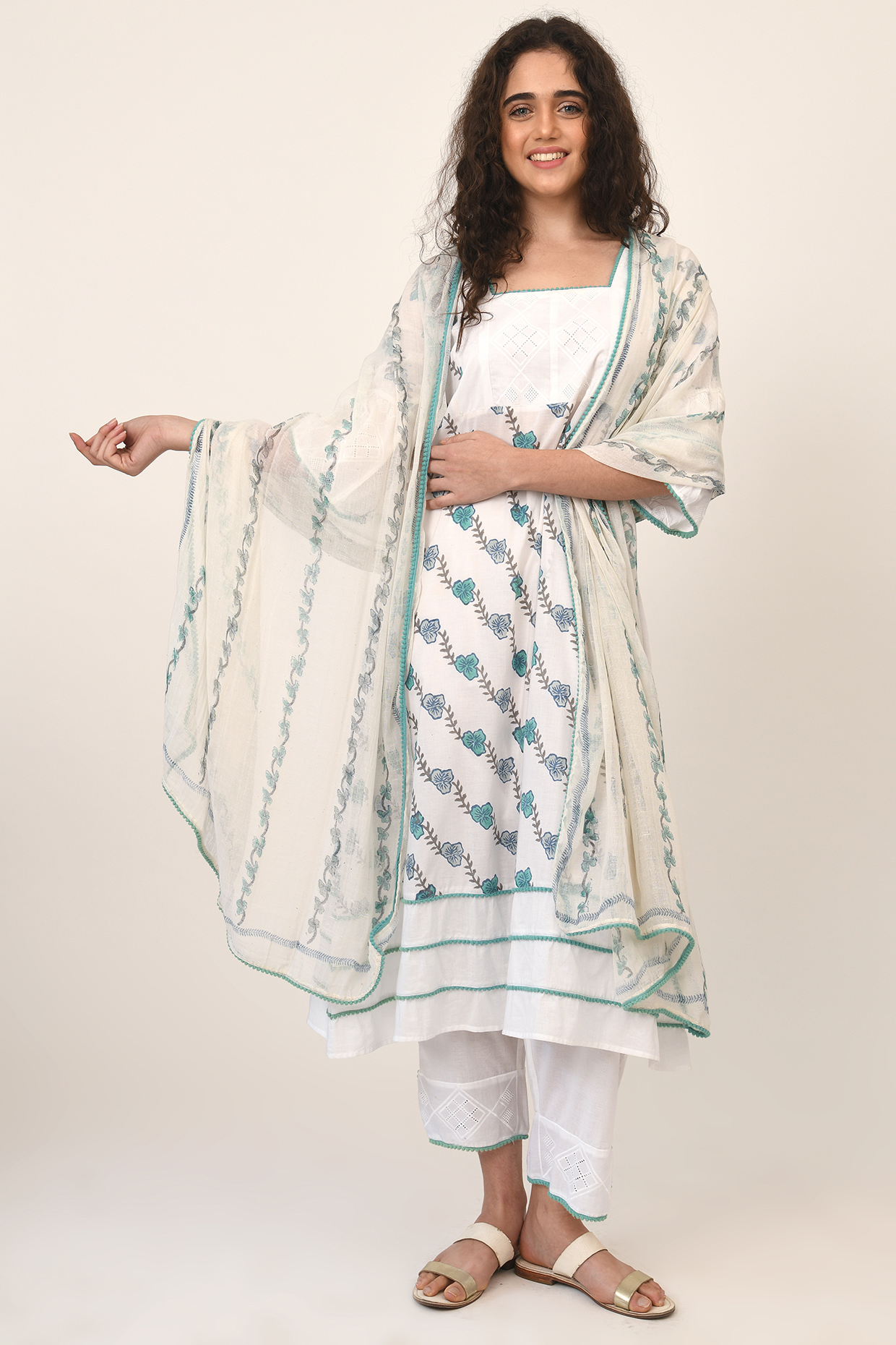 Turquoise Hand Block Printed Kurta Set by Naina Arunima at Pernia's Pop Up Shop