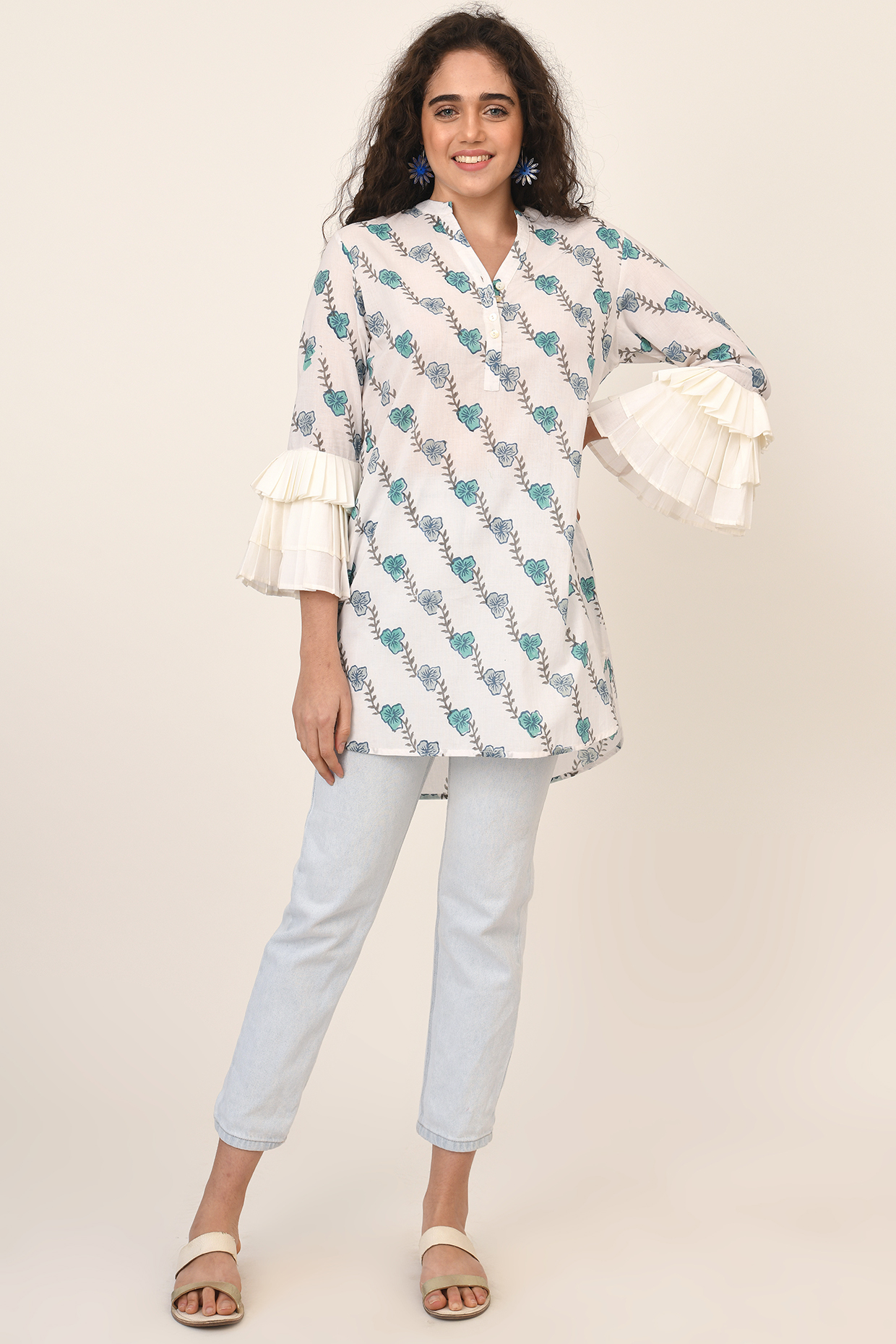 Turquoise Floral Hand Block Printed Tunic by Naina Arunima at Pernia's Pop Up Shop