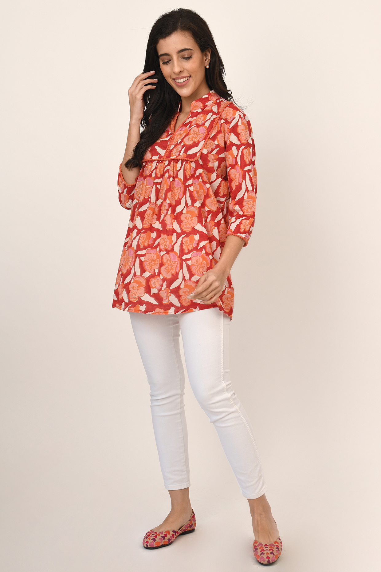 Red Floral Hand Block Printed Top by Naina Arunima at Pernia's Pop Up Shop