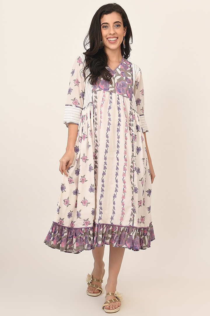 Lavender Cotton Printed Dress by NAINA ARUNIMA