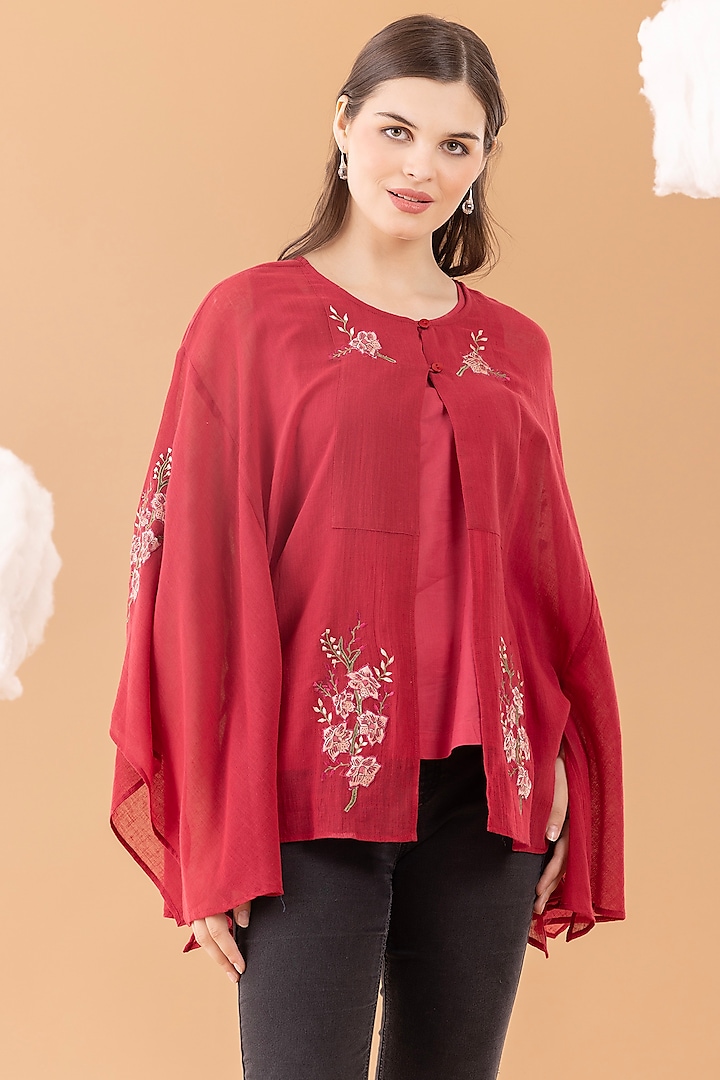 Red Pure Cotton Crepe Embroidered Top by NAINA ARUNIMA