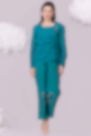 Teal Pure Cotton Printed & Embroidered Co-Ord Set by NAINA ARUNIMA