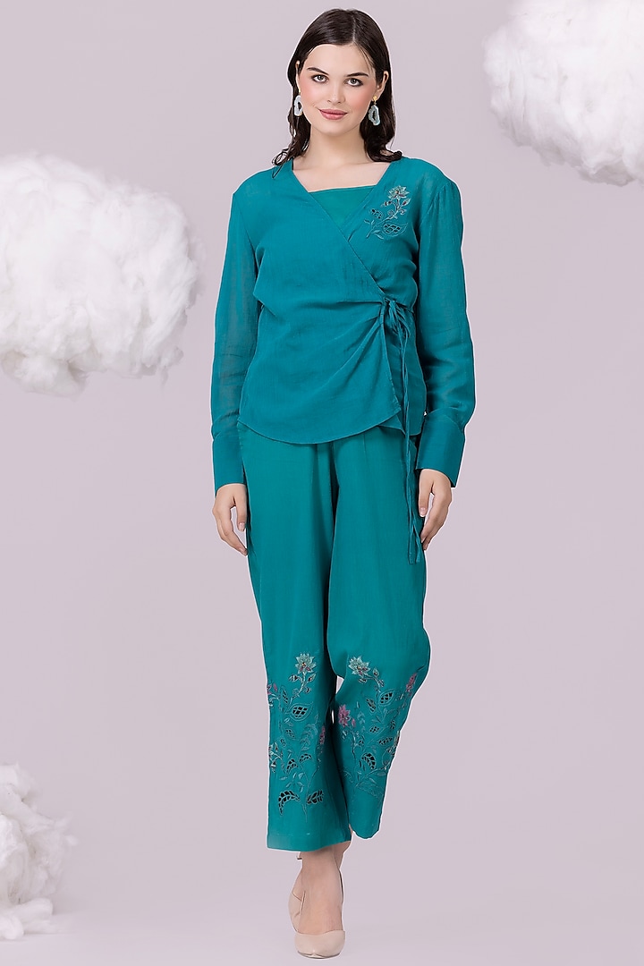 Teal Pure Cotton Printed & Embroidered Co-Ord Set by NAINA ARUNIMA