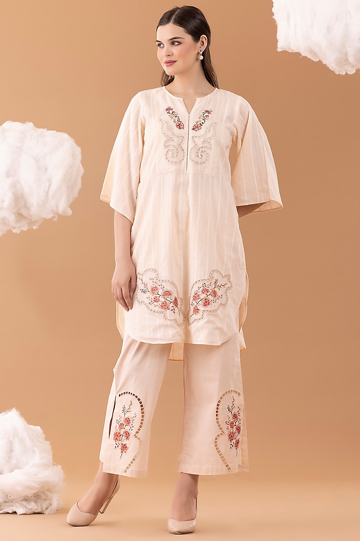 Peach Pure Textured Cotton Printed & Embroidered Tunic Set by NAINA ARUNIMA