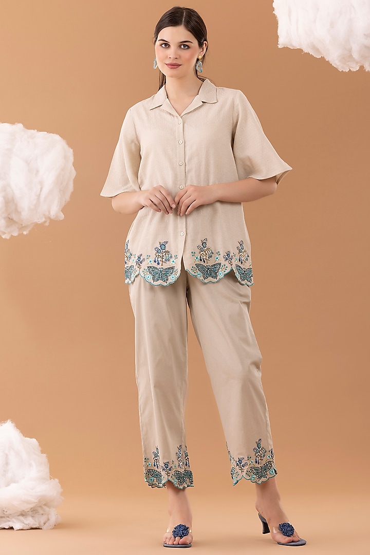 Pastel Mint Green Printed & Embroidered Co-ord Set by NAINA ARUNIMA