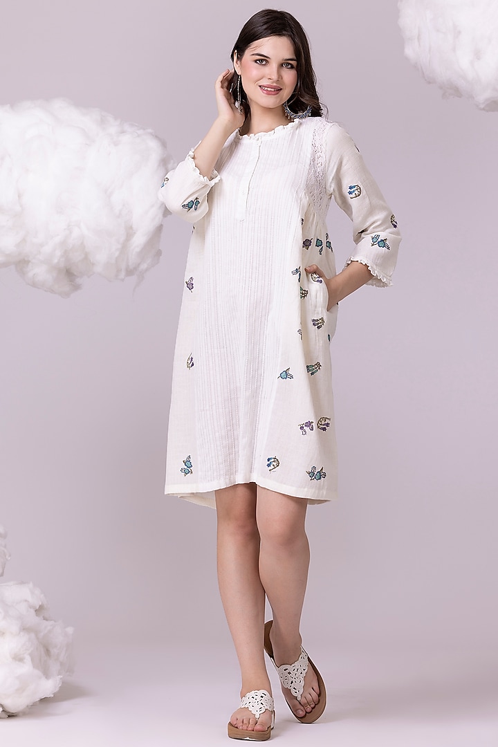 Off-White Textured Cotton Printed & Embroidered Dress by NAINA ARUNIMA