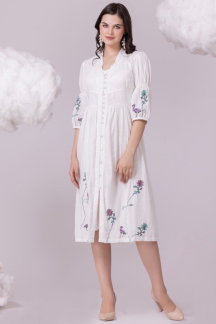 White Pure Textured Cotton Printed & Embroidered Dress by NAINA ARUNIMA