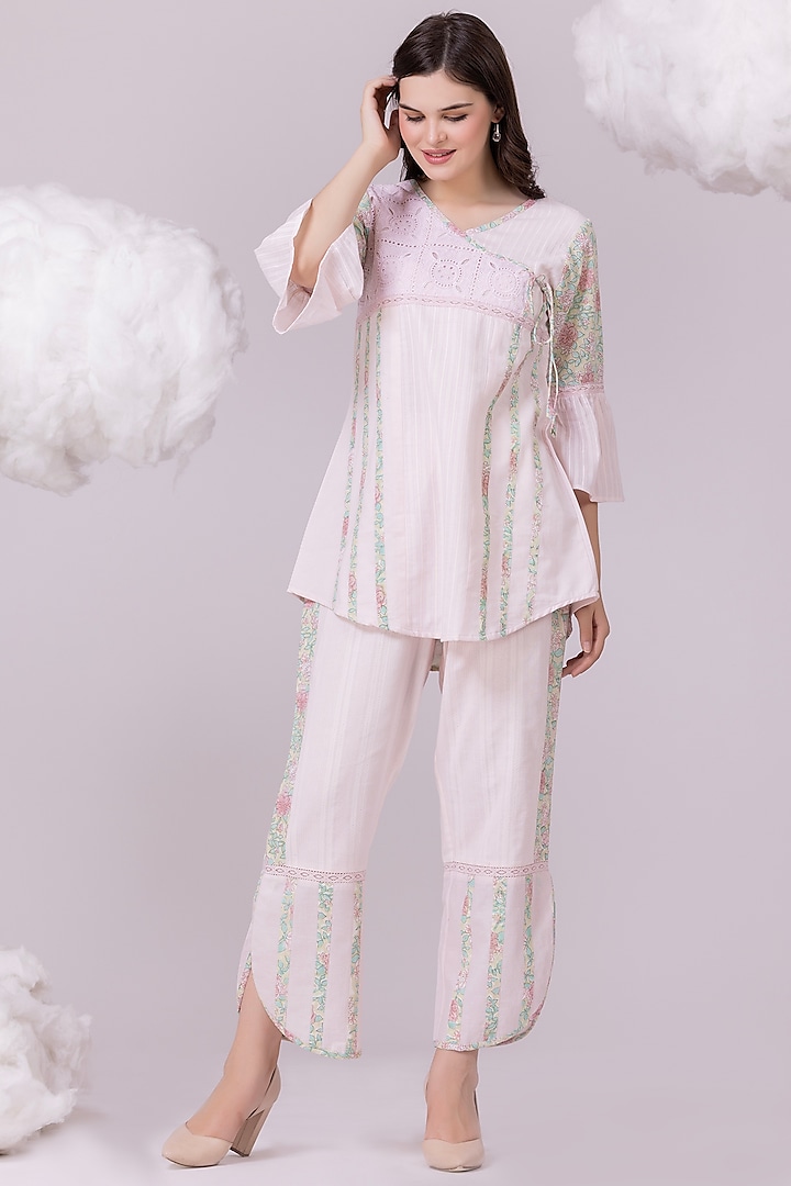 Pastel Pink Pure Textured Cotton Printed & Embroidered Tunic Set by NAINA ARUNIMA