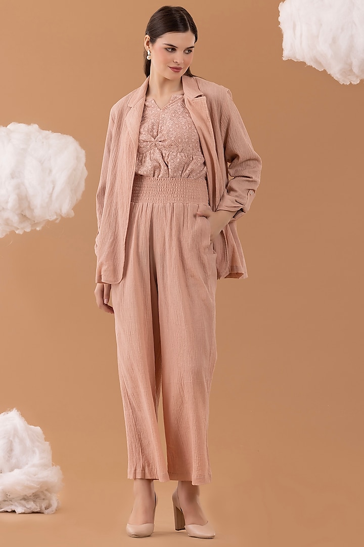 Nude Blush Cotton Crinkle Blazer Set by NAINA ARUNIMA
