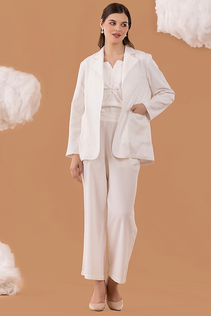 White Pure Cotton Twill Embroidered Blazer Set by NAINA ARUNIMA
