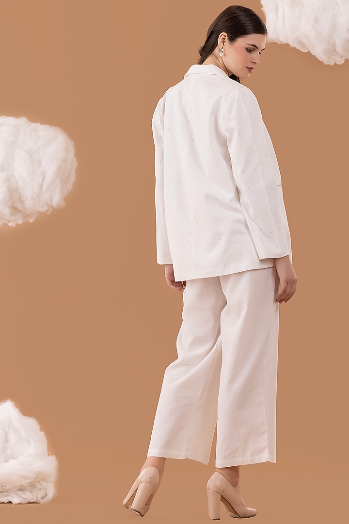 White Pure Cotton Twill Embroidered Blazer Set by NAINA ARUNIMA at Pernia's Pop Up Shop