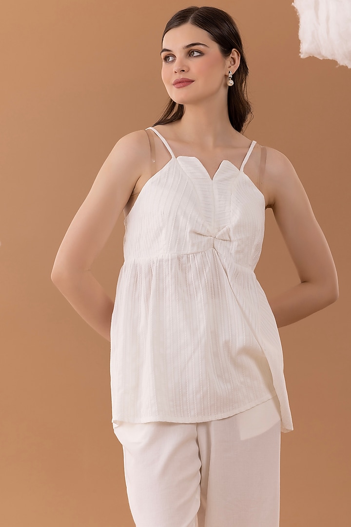 White Pure Cotton Twill Embroidered Blazer Set by NAINA ARUNIMA at Pernia's Pop Up Shop