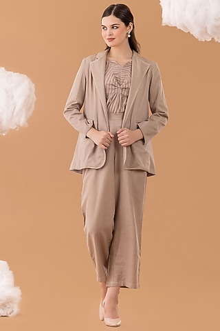 Beige Pure Cotton Twill Embroidered Blazer Set by NAINA ARUNIMA