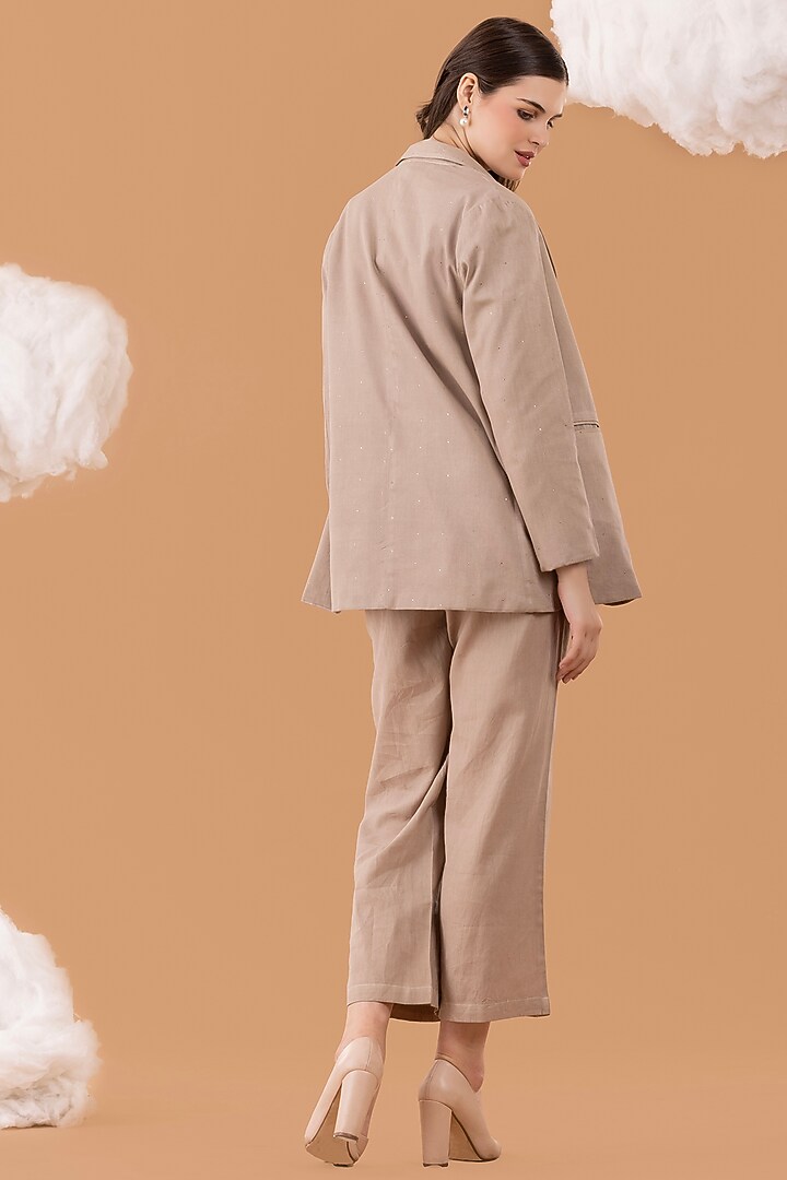 Beige Pure Cotton Twill Embroidered Blazer Set by NAINA ARUNIMA at Pernia's Pop Up Shop