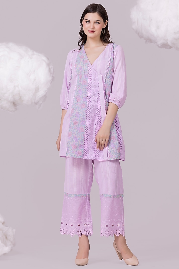 Lilac Pure Textured Cotton Printed Tunic Set by NAINA ARUNIMA