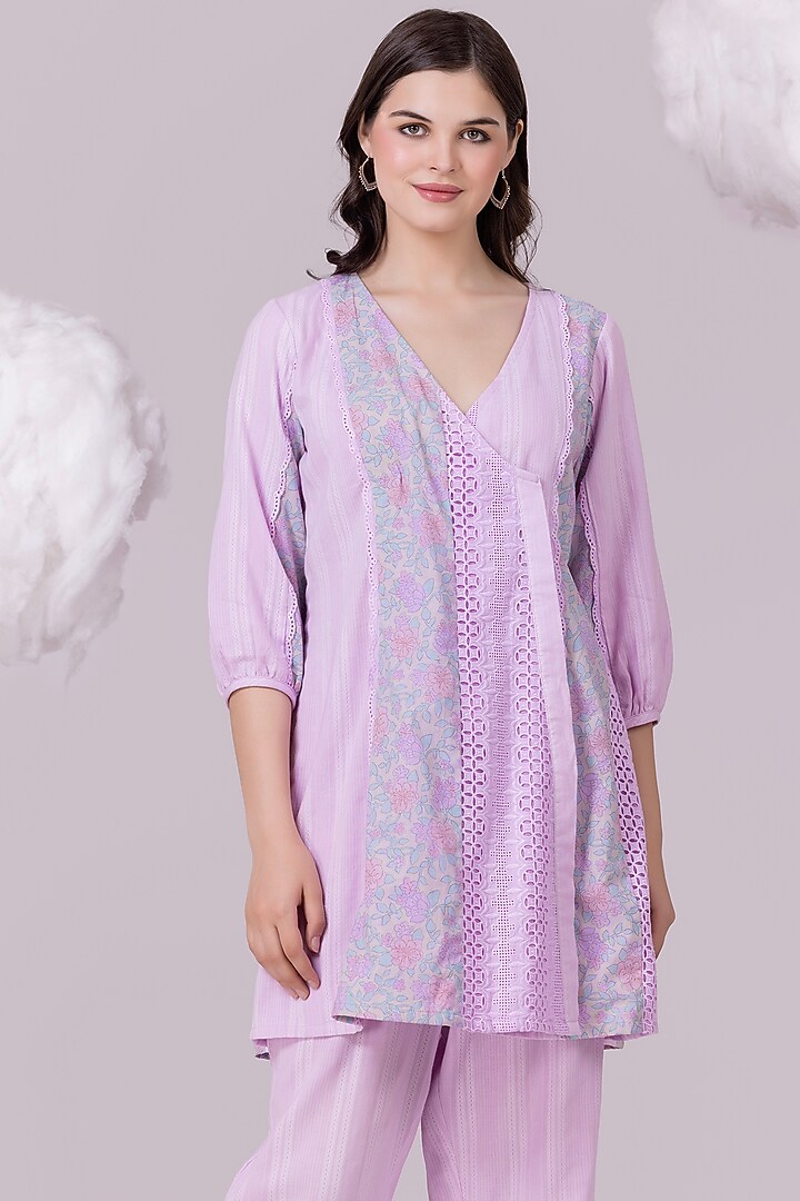 Lilac Pure Textured Cotton Printed Tunic Set by NAINA ARUNIMA at Pernia's Pop Up Shop