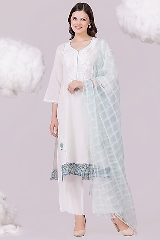 White & Aqua Georgette & Slk Organza Printed Kurta Set by NAINA ARUNIMA