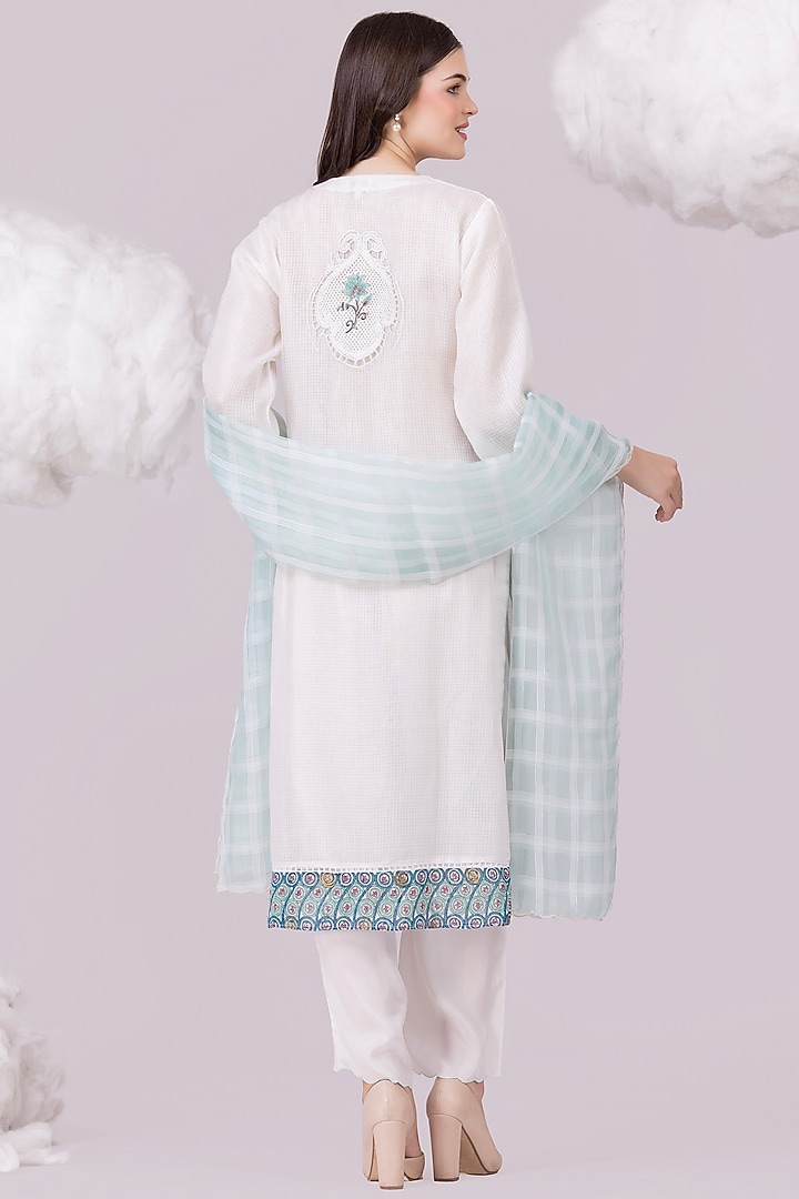 White & Aqua Georgette & Slk Organza Printed Kurta Set by NAINA ARUNIMA at Pernia's Pop Up Shop