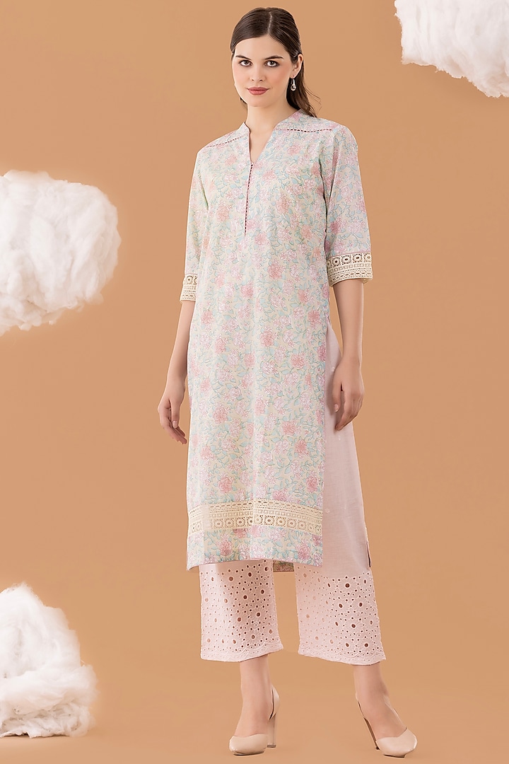 Pastel Mint & Pink Textured Cotton Printed Kurta Set by NAINA ARUNIMA