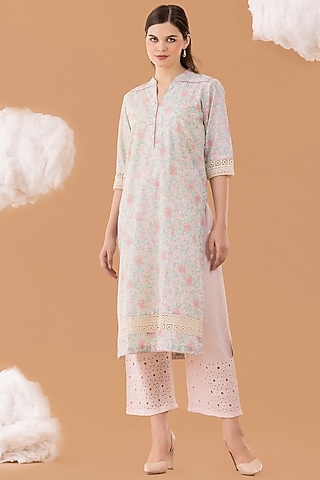 Pastel Mint & Pink Textured Cotton Printed Kurta Set by NAINA ARUNIMA